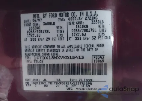 1997 Ford F-150 Lariat/Xl/Xlt z USA, uszkodzony, nr VIN 1FTDX18WXVKD15413